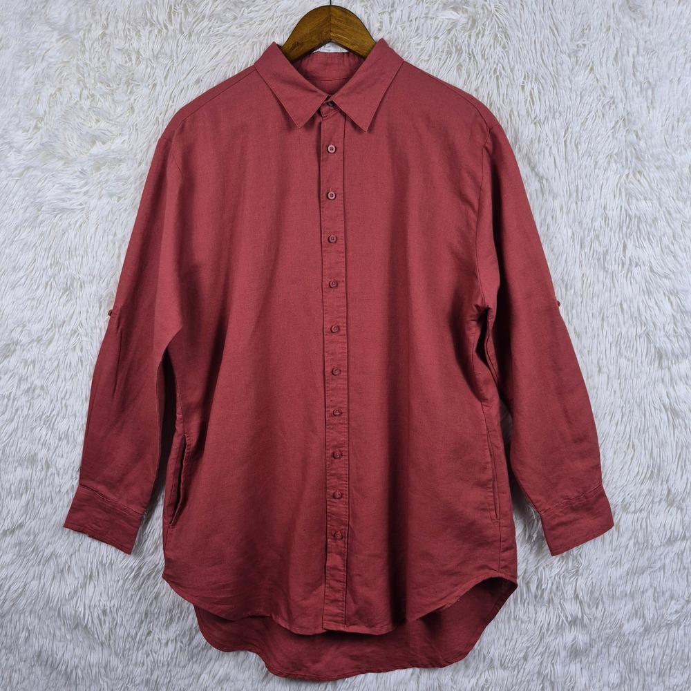 Onia Womens Linen Cotton Button Down Shirt Terracotta Red Roll Tab Sleeve Small